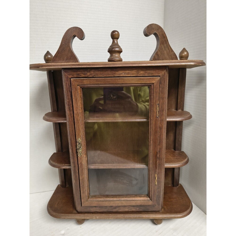 Antique Wooden Display Cabinet Glass Door Decorative Finials Brass Handle Retro